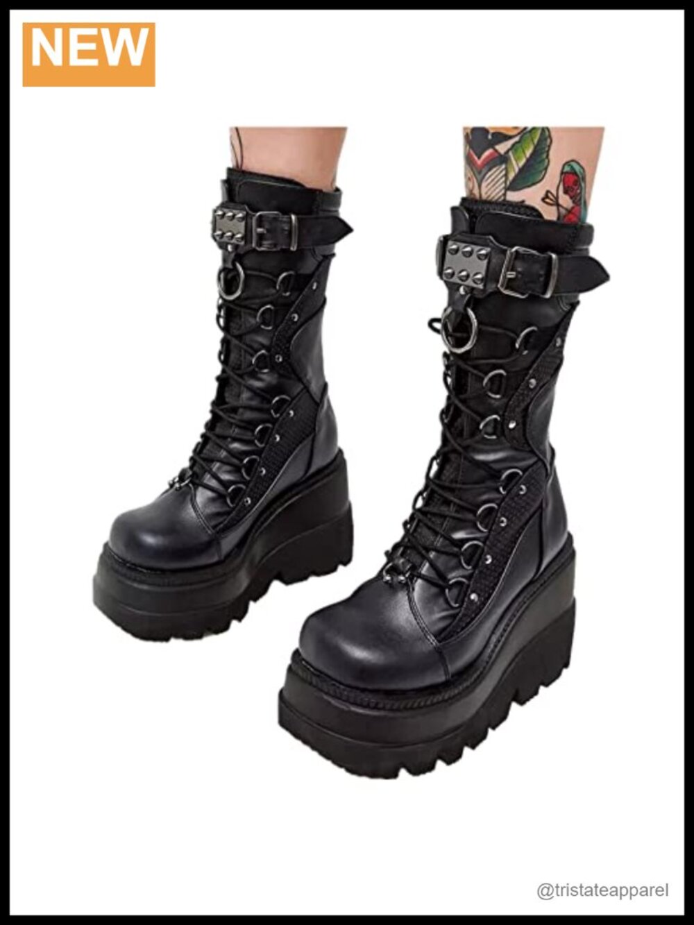 Chunky High Heel Platform Booties Lace Up Combat Wedge Shoes Mid-Calf